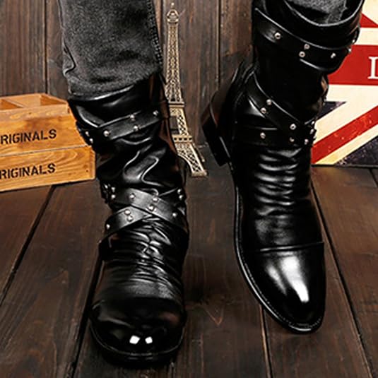 LMUIPMAA Men's Rivet Buckle Punk Motorcycle Booties Combat Biker